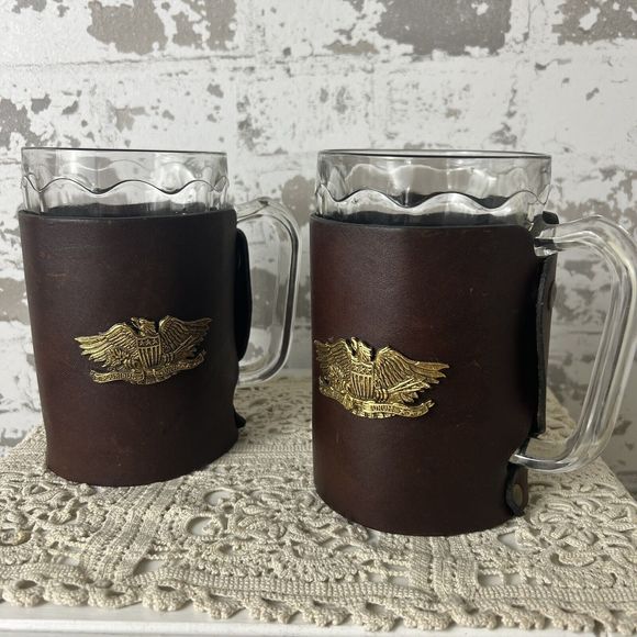 Vtg Noymer Beer Mugs Leather Covers Snap On EPluribus Unum America Eagle Barware - Picture 2 of 16